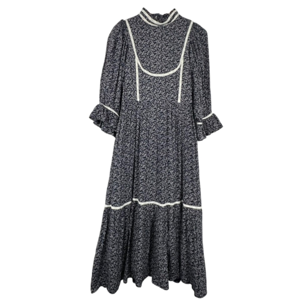 Meadows Blue Floral Lace Trim Tiered Cotton Maxi Dress Size US 4 Prairie Cottage